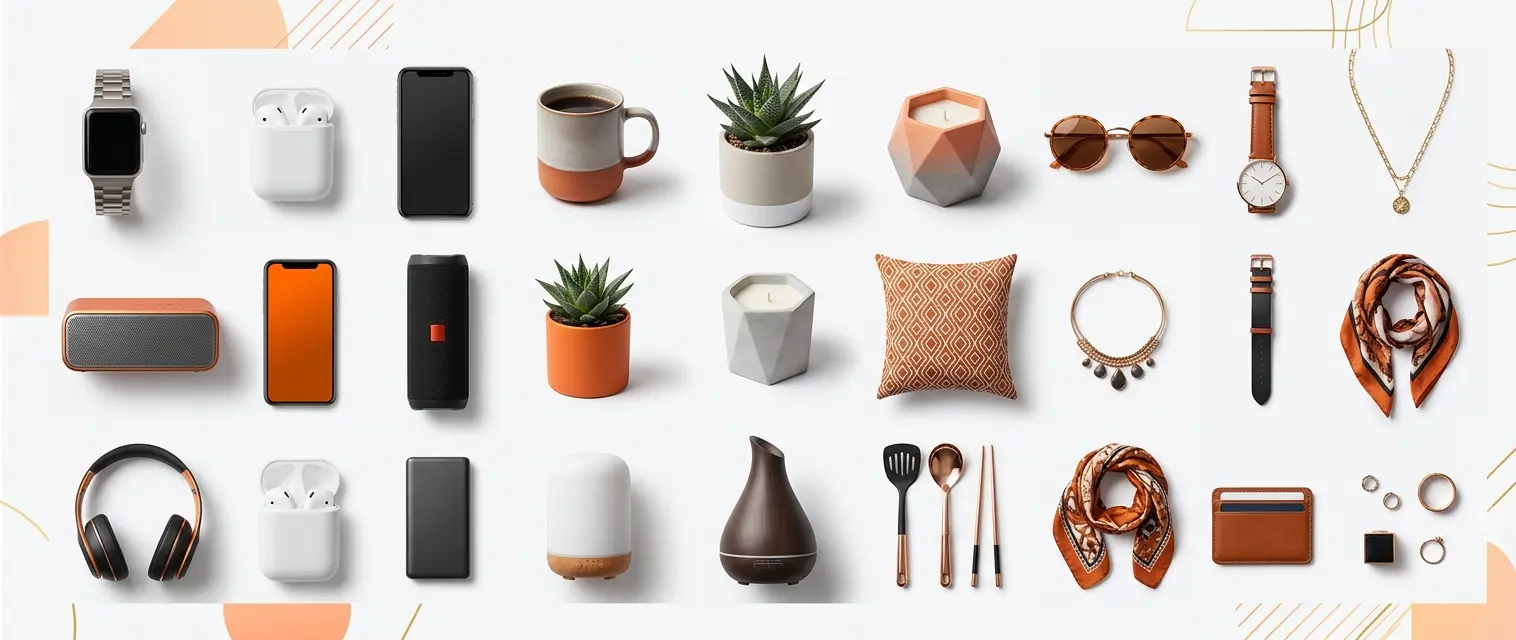 Grid of trending marketplace products — electronics, home goods, and accessories — arranged as a flat lay to represent the sitewide savings event