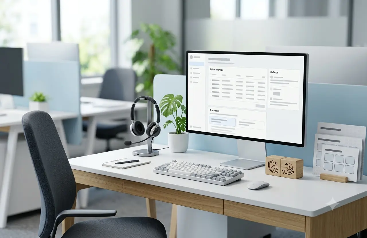 Customer support agent wearing a headset at a desk, representing buyer protection and refund support
